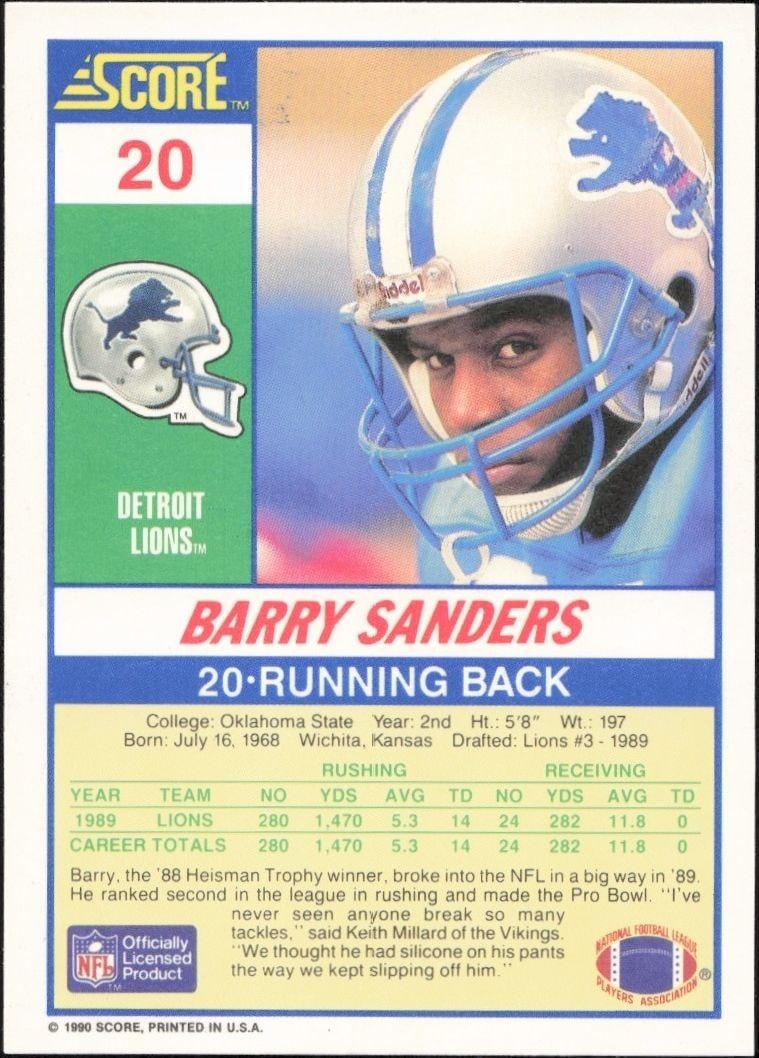 1990 Score Barry Sanders #20 football trading card back