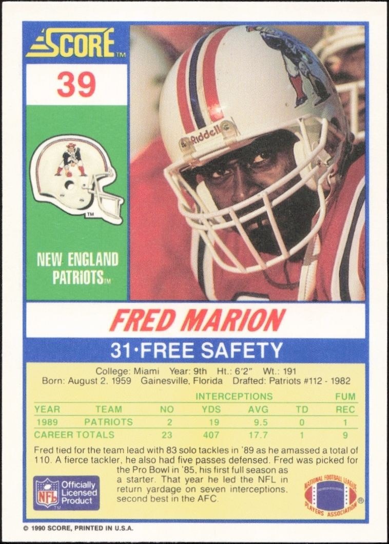 1990 Score Fred Marion #39 football trading card back