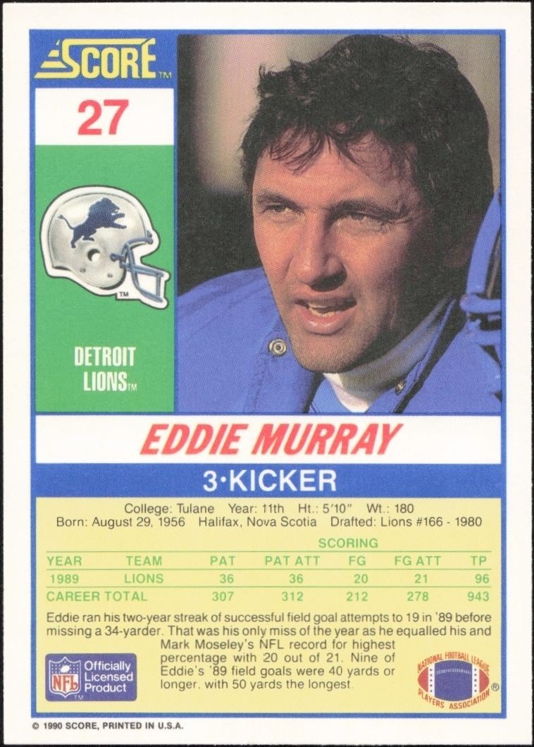 1990 Score Eddie Murray #27 football trading card back