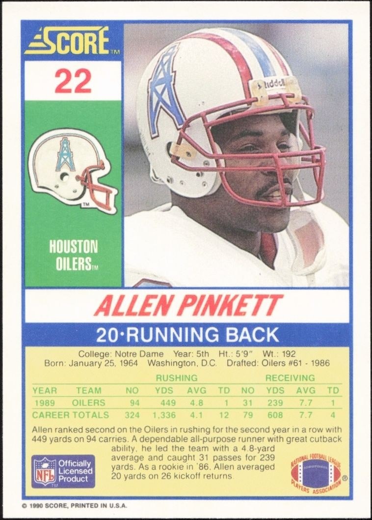 1990 Score Allen Pinkett #22 football trading card back