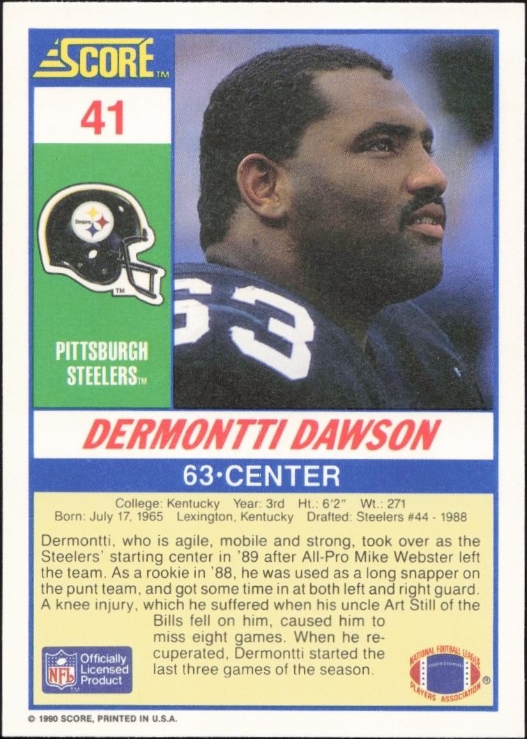 1990 Score Dermontti Dawson #41 football trading card back