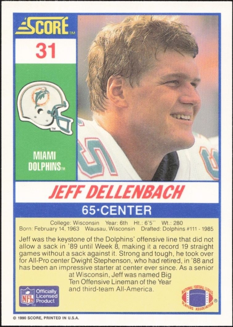 1990 Score Jeff Dellenbach #31 football trading card back