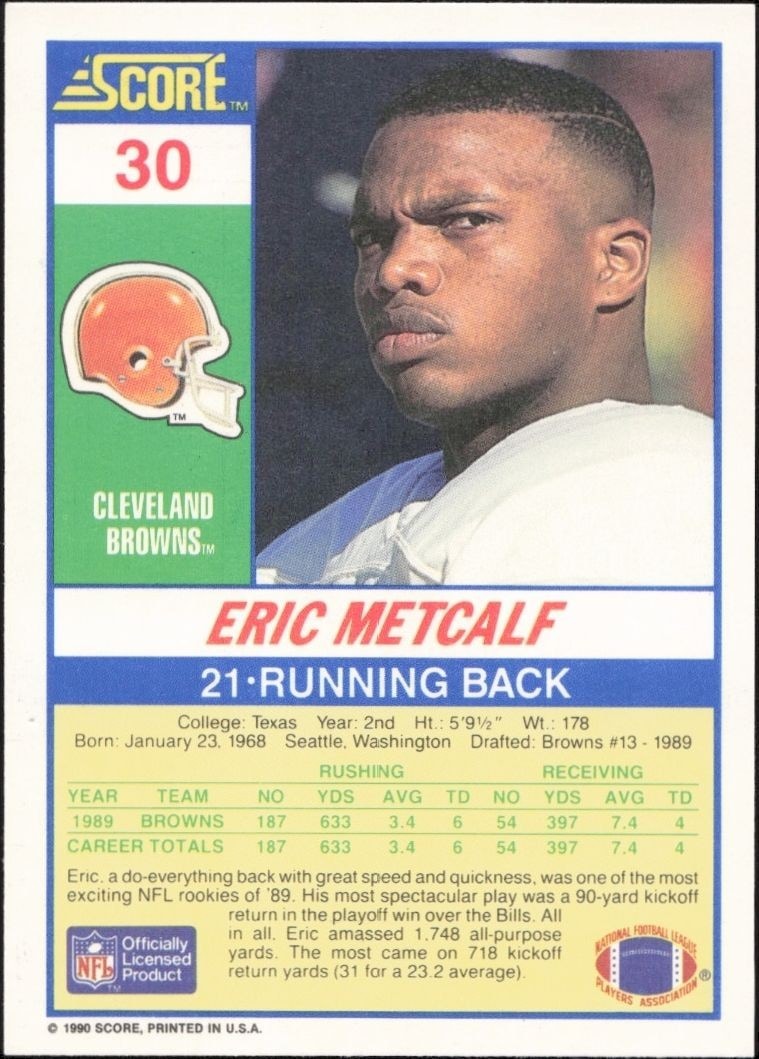 1990 Score Eric Metcalf #30 football trading card back