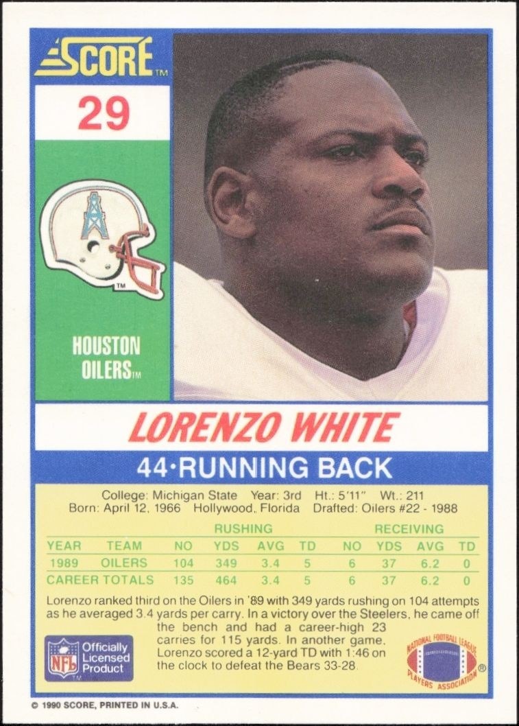 1990 Score Lorenzo White #29 football trading card back