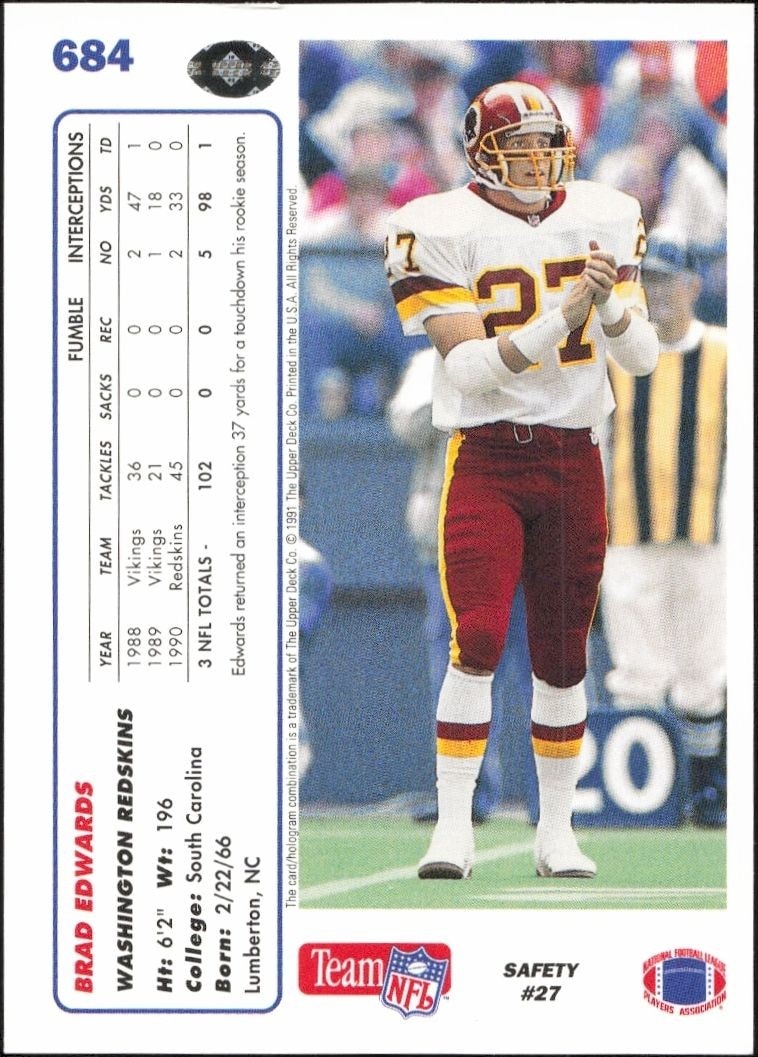 1991 Upper Deck Brad Edwards #684 football trading card back