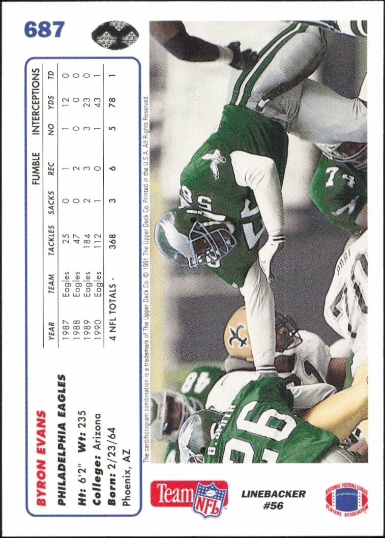 1991 Upper Deck Byron Evans #687 football trading card back