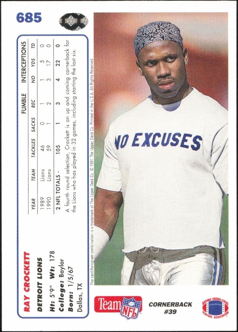 1991 Upper Deck Ray Crockett #685 football trading card back