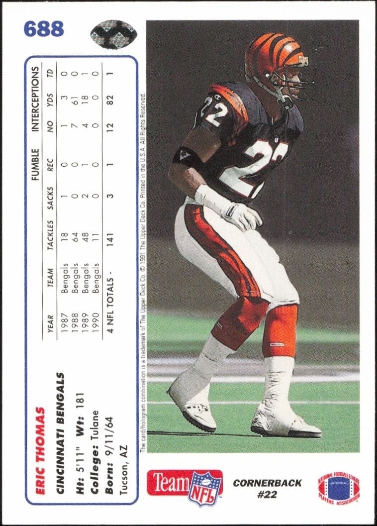 1991 Upper Deck Eric Thomas #688 football trading card back