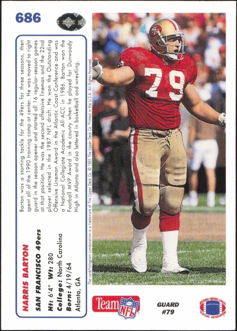 1991 Upper Deck Harris Barton #686 football trading card back