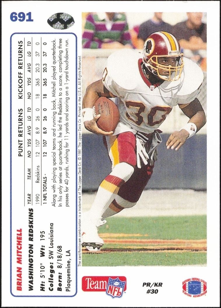 1991 Upper Deck Brian Mitchell #691 football trading card back