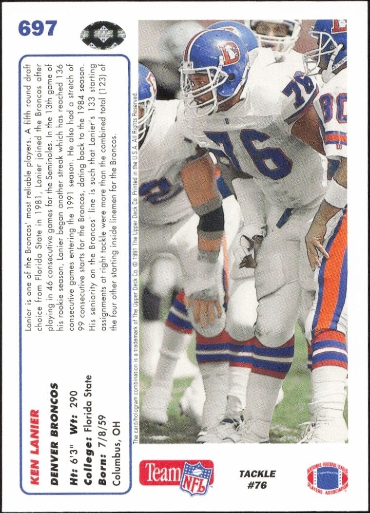 1991 Upper Deck Ken Lanier #697 football trading card back