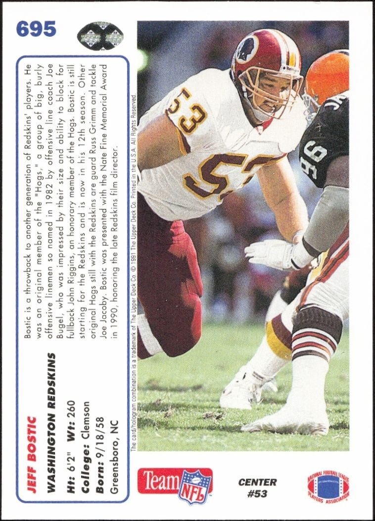 1991 Upper Deck Jeff Bostic #695 football trading card back
