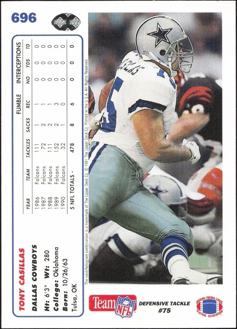 1991 Upper Deck Tony Casillas #696 football trading card back