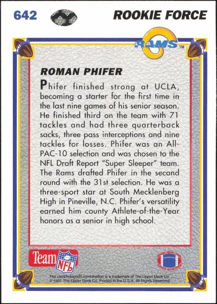 1991 Upper Deck Roman Phifer #642 football trading card back