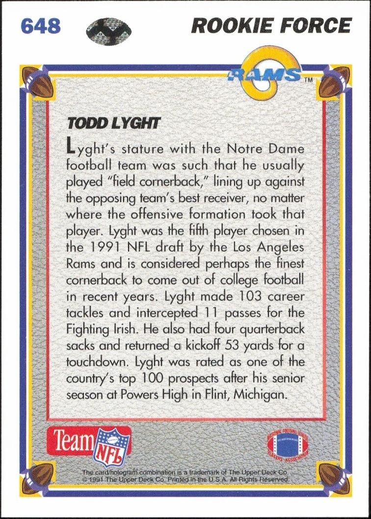 1991 Upper Deck Todd Lyght #648 football trading card back