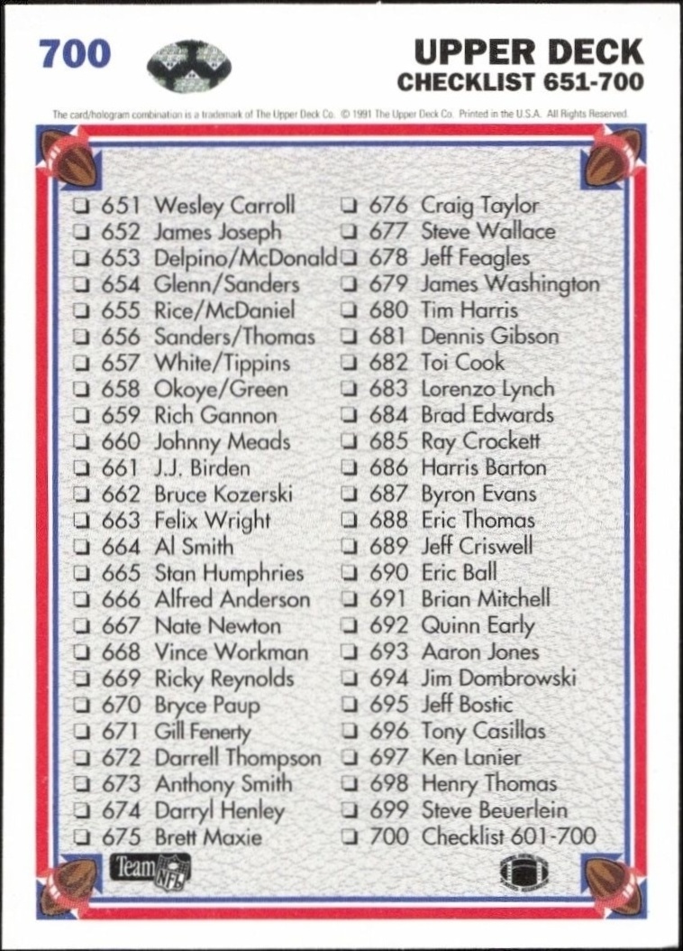 1999 Upper Deck Checklist #700 football trading card back