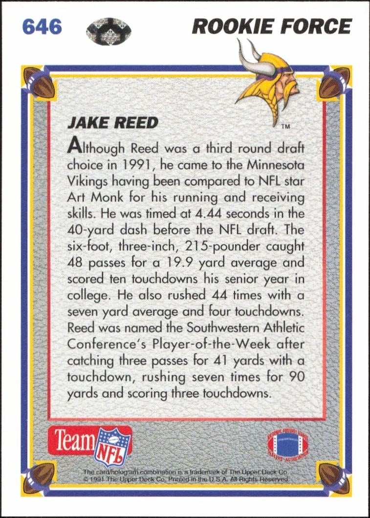 1991 Upper Deck Jake Reed #646 football trading card back