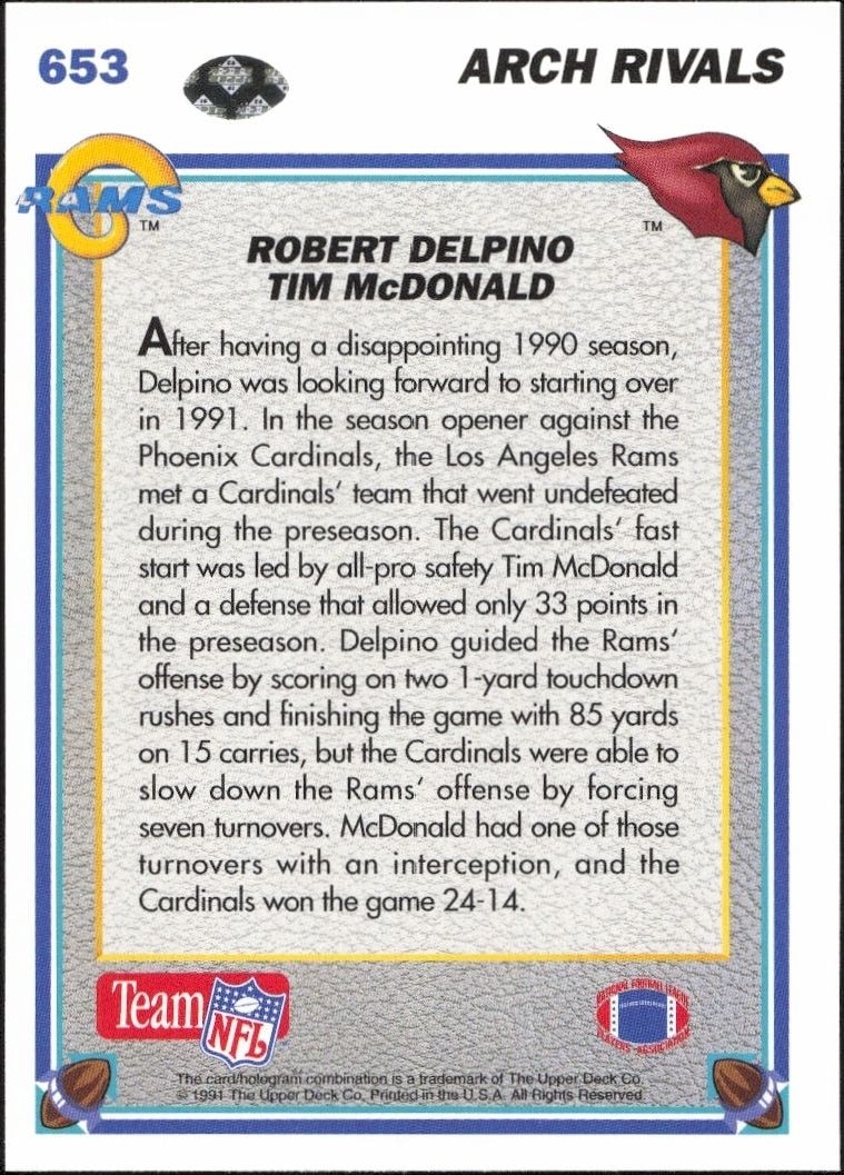 1991 Upper Deck Robert Delpino #653 football trading card back