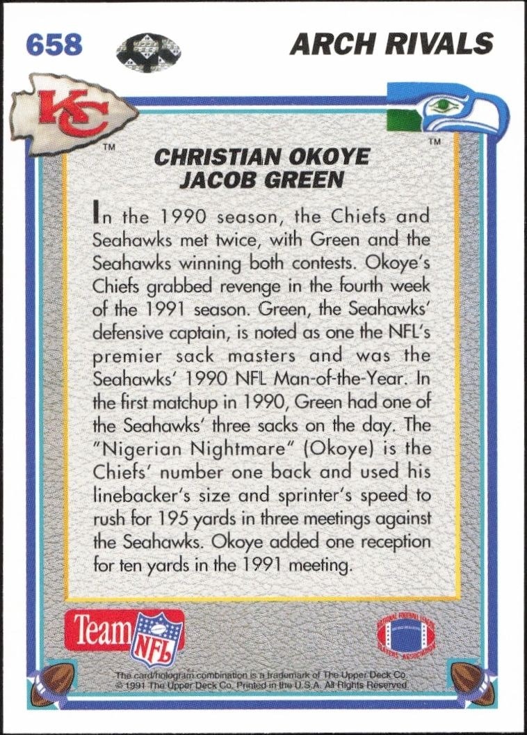 1991 Upper Deck Christian Okoye #658 football trading card back