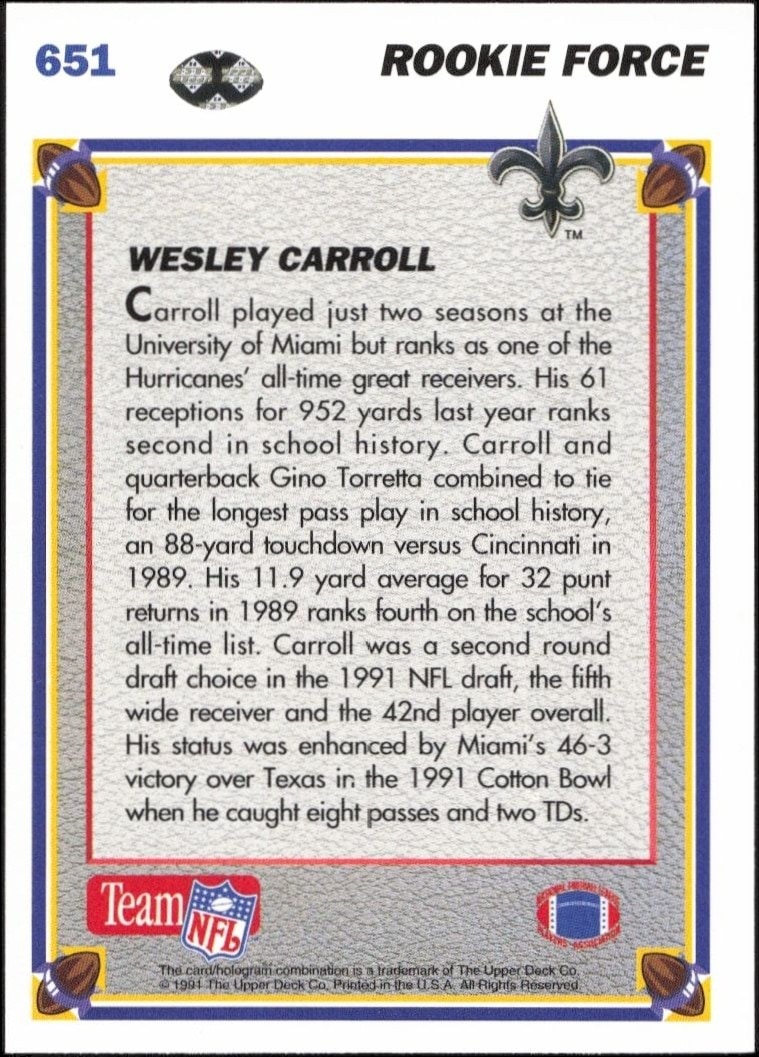1991 Upper Deck Wesley Carroll #651 football trading card back