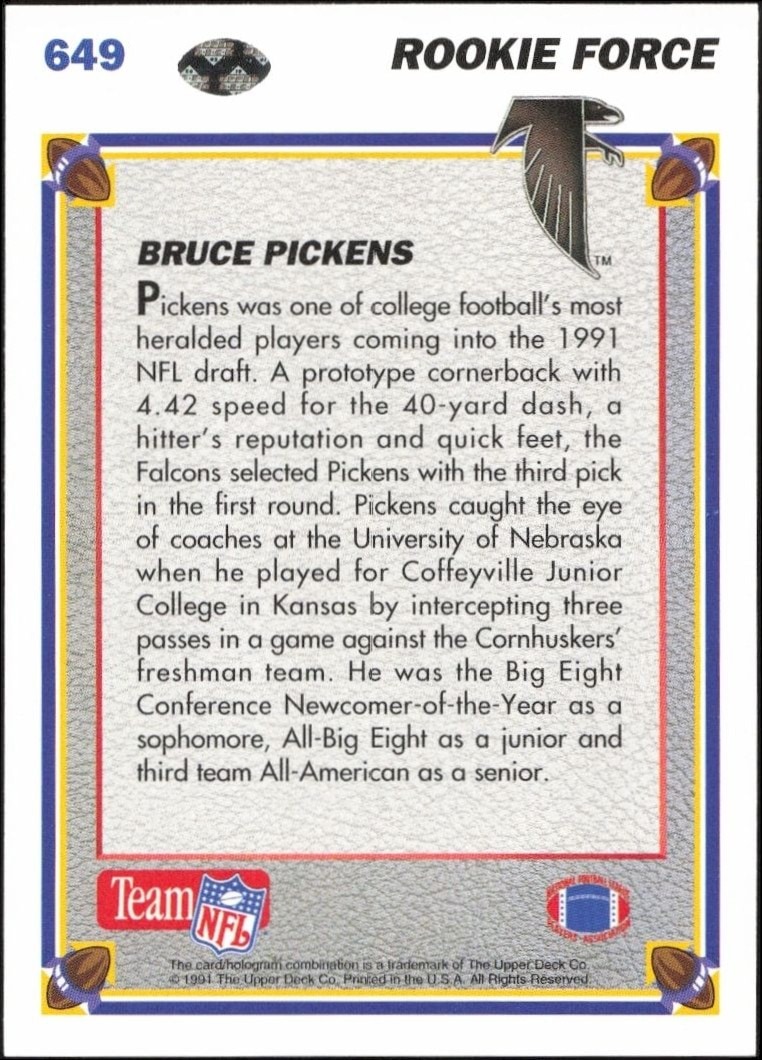 1991 Upper Deck Bruce Pickens #649 football trading card back