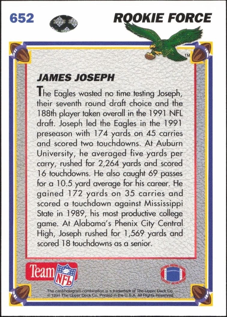 1991 Upper Deck James Joseph #652 football trading card back