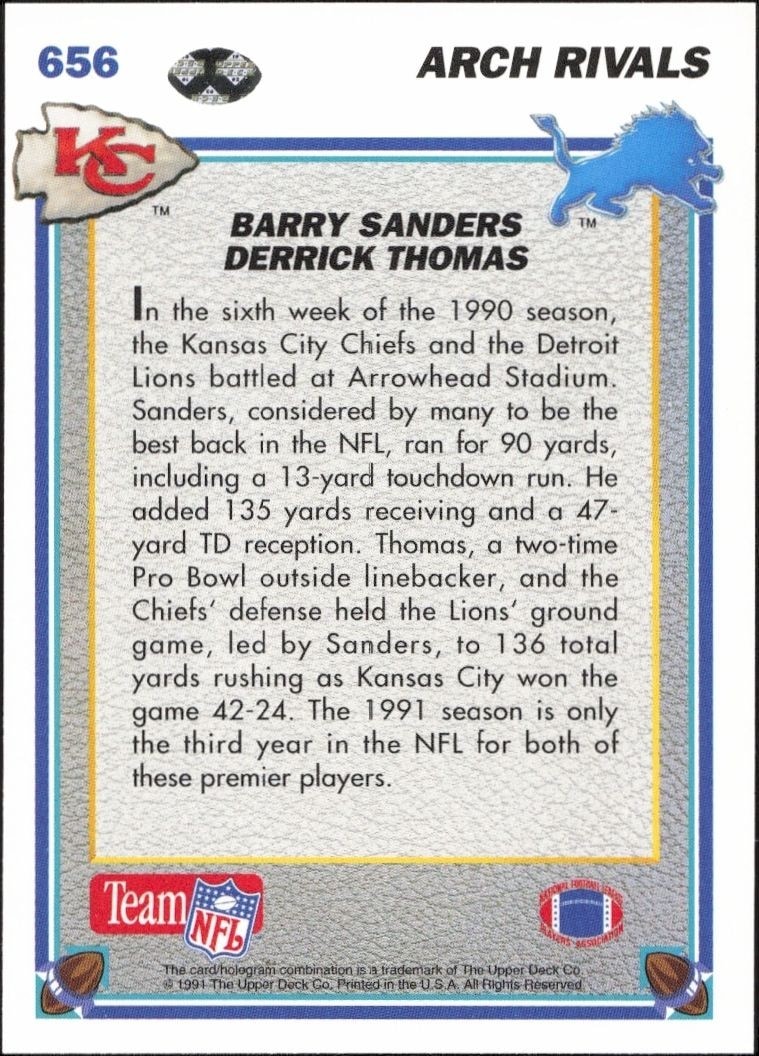 1991 Upper Deck Barry Sanders #656 football trading card back