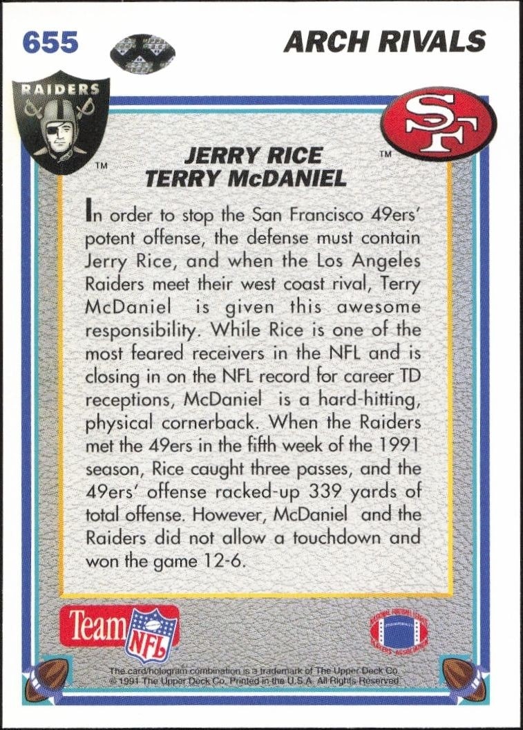 1991 Upper Deck Jerry Rice #655 football trading card back
