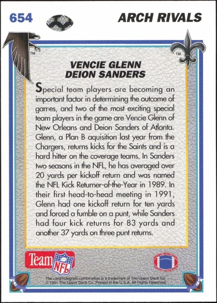 1991 Upper Deck Deion Sanders #654 football trading card back