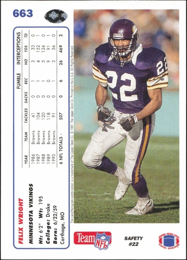 1991 Upper Deck Felix Wright #663 football trading card back
