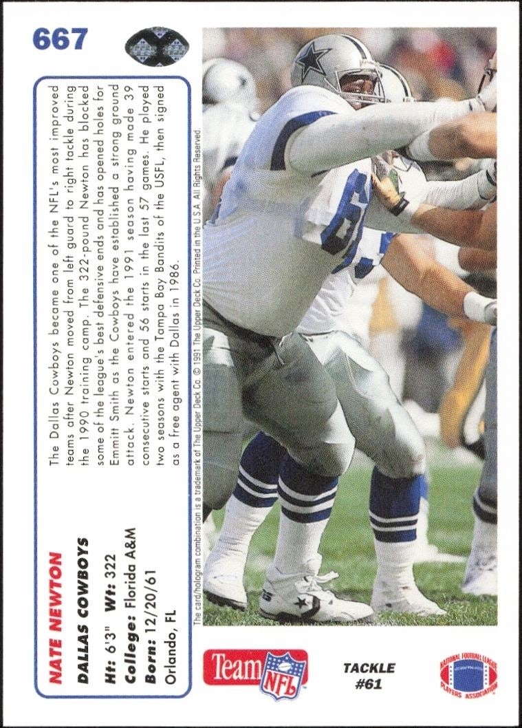 1991 Upper Deck Nate Newton #667 football trading card back