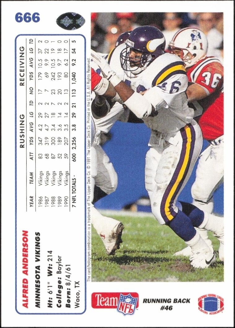 1991 Upper Deck Alfred Anderson #666 football trading card back