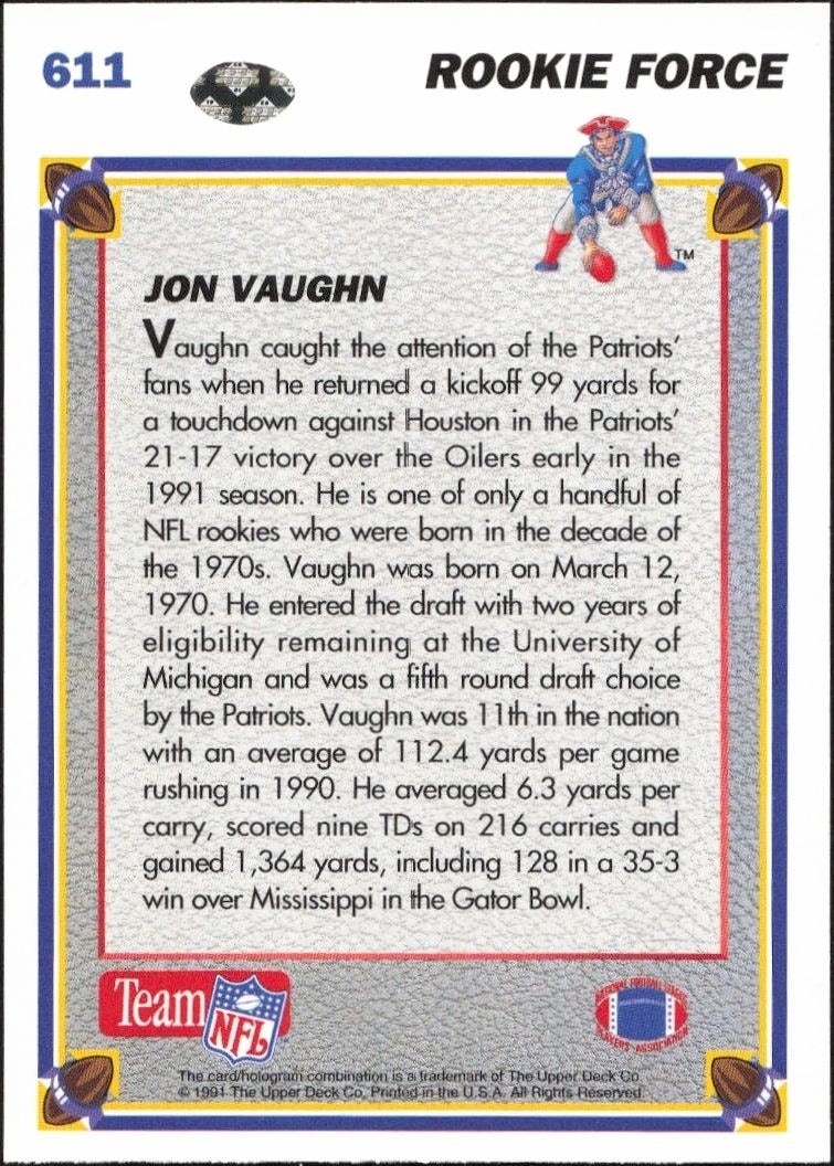 1991 Upper Deck Jon Vaughn #611 football trading card back