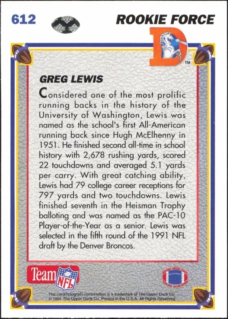 1991 Upper Deck Greg Lewis #612 football trading card back