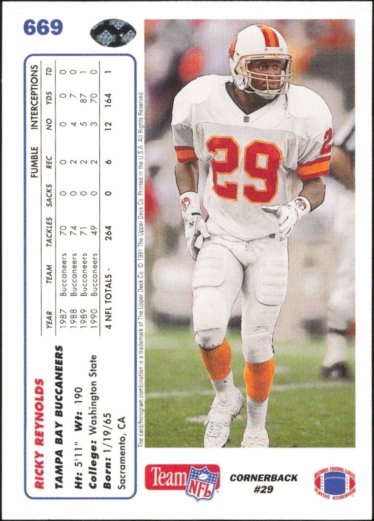 1991 Upper Deck Ricky Reynolds #669 football trading card back