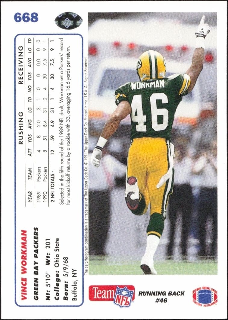 1991 Upper Deck Vince Workman #668 football trading card back