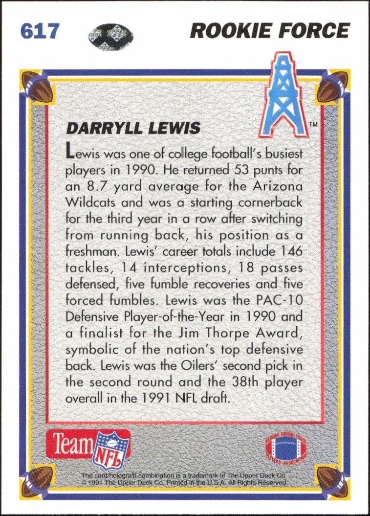 1991 Upper Deck Darryll Lewis #617 football trading card back