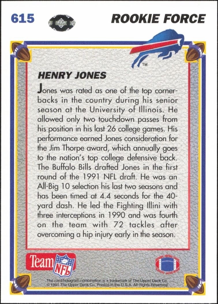 1991 Upper Deck Henry Jones #615 football trading card back