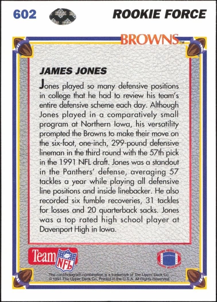1991 Upper Deck James Jones #602 football trading card back