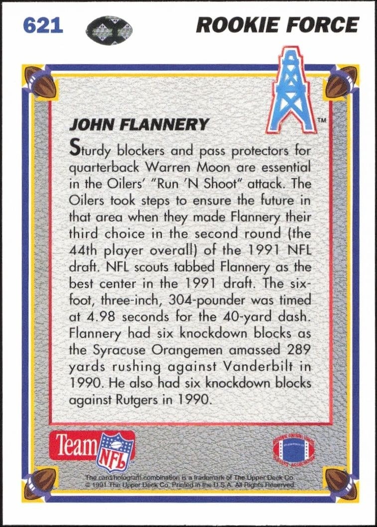 1991 Upper Deck John Flannery #621 football trading card back