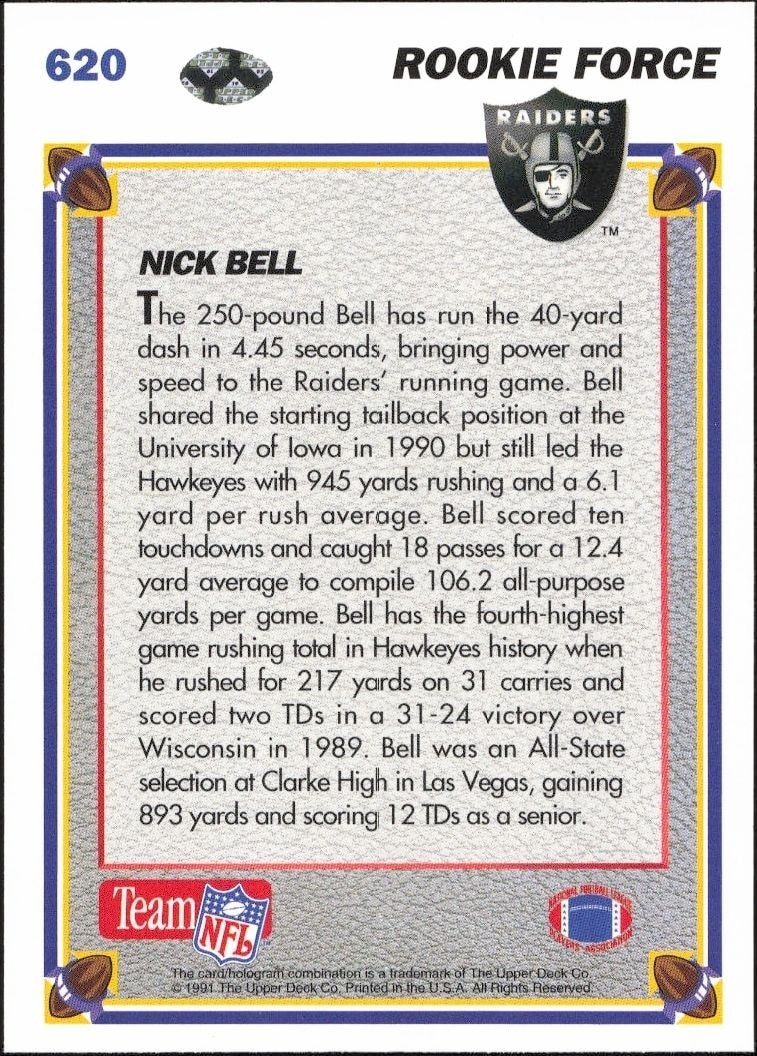 1991 Upper Deck Nick Bell #620 football trading card back