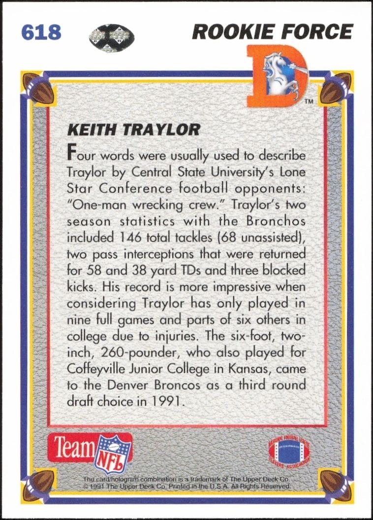 1991 Upper Deck Keith Traylor #618 football trading card back