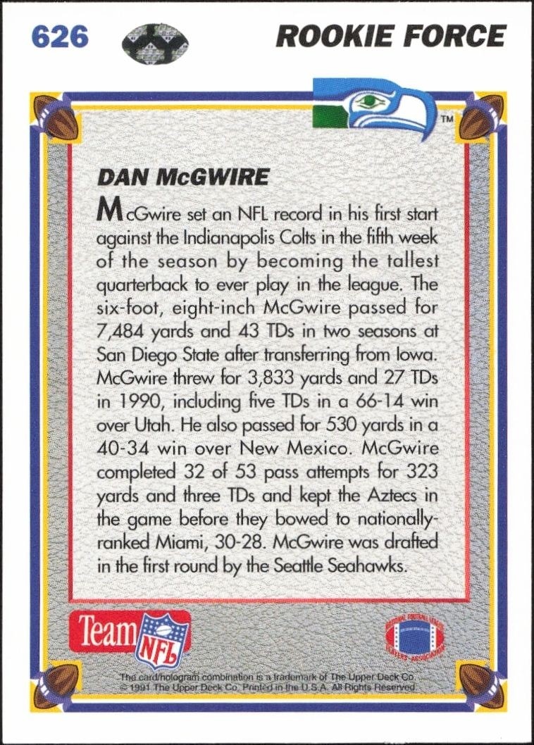 1991 Upper Deck Dan McGwire #626 football trading card back