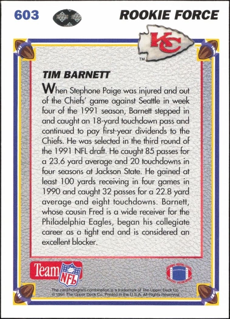 1991 Upper Deck Tim Barnett #603 football trading card back