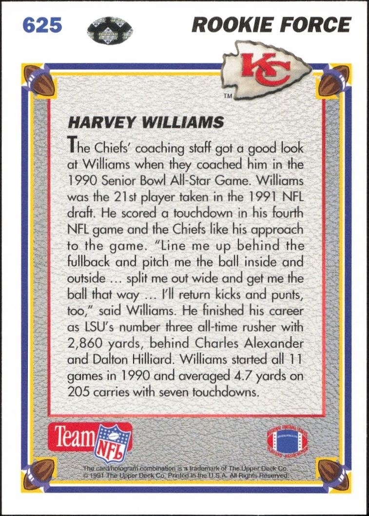 1991 Upper Deck Harvey Williams #625 football trading card back