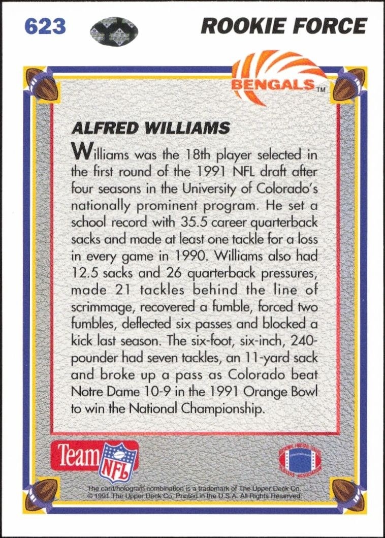 1991 Upper Deck Alfred Williams #623 football trading card back