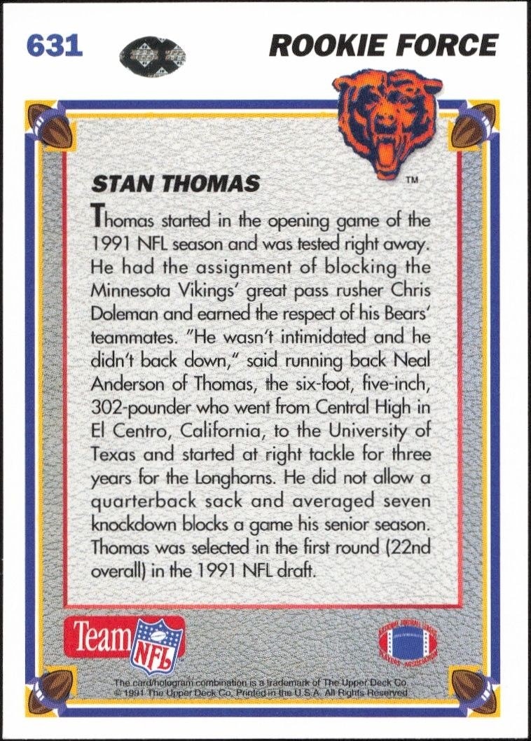 1991 Upper Deck Stan Thomas #631 football trading card back