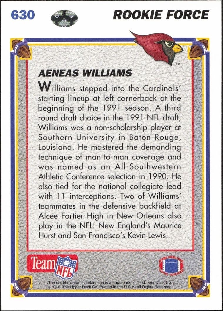 1991 Upper Deck Aeneas Williams #630 football trading card back