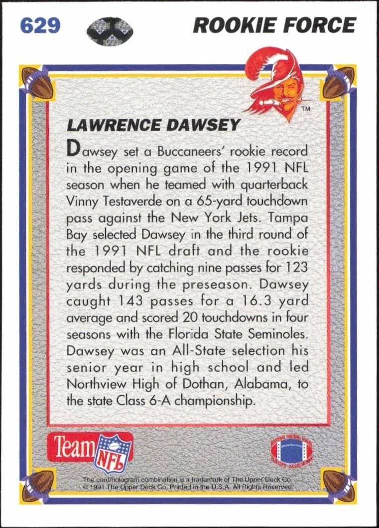 1991 Upper Deck Lawrence Dawsey #629 football trading card back