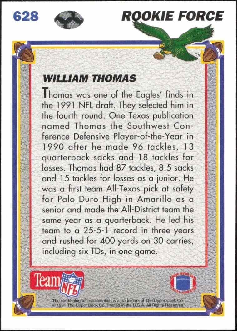 1991 Upper Deck William Thomas #628 football trading card back